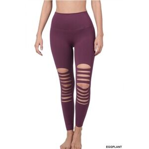 Zenana Eggplant Knee Cut-Out High‎ Waisted Leggings – Edgy, Comfy, & Bold
